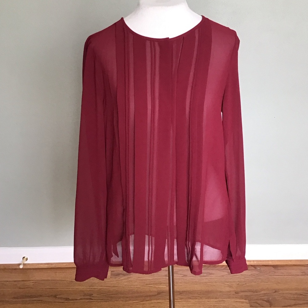 Loft Burgundy Sheer Pleated Chiffon Blouse Long Sleeve Button Front Size Medium
